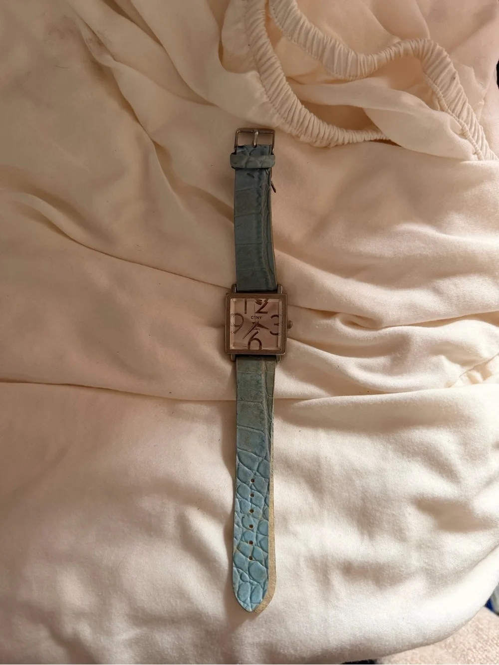 Classic Square Dial Leather-Strap Watch - Light Blue